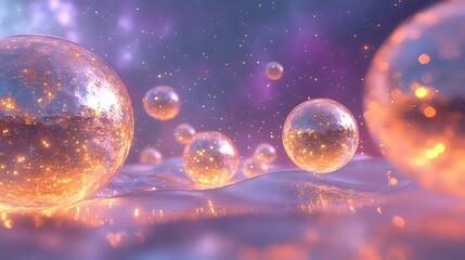 Fototapeta premium A dreamy abstract background with glowing golden orbs and soft violet hues, creating a magical bokeh effect under a starlit sky