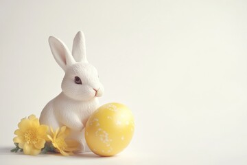Fototapeta premium Cute Bunny with Bright Yellow Egg and Flowers