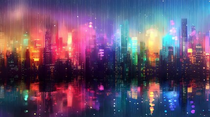 Fototapeta premium A vibrant urban abstract background showcasing dazzling neon lights, reflective surfaces and colorful bokeh patterns against a rainy cityscape