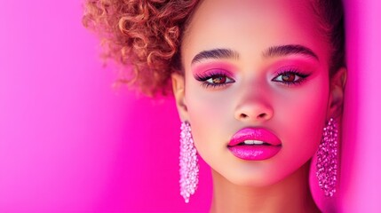 Naklejka premium A stylish young woman with striking makeup and large earrings wears a white dress with puffed sleeves, symbolizing fashion, elegance, and beauty.
