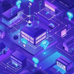 Obraz premium Exploration of a Futuristic Urban Landscape Showing Interconnected Buildings and Wireless Technology in a Vibrant Digital Environment