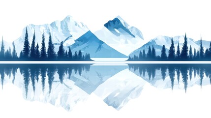 Majestic mountains and forest reflected in a serene lake, blue tones on white background.