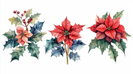 Fototapeta premium Hand-painted Holiday Flora with Poinsettia and Holly Leaves