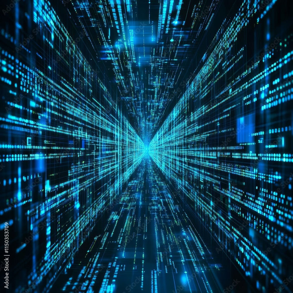 Poster visual representation of data flow in a digital tunnel with bright blue lights and lines suggesting 