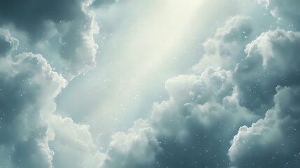 Fototapeta premium Abstract cloudy sky background with soft gray and white gradients, scattered light beams and shimmering bokeh-like dots