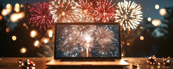A laptop displays vibrant fireworks on its screen, set against a backdrop of colorful fireworks lighting up the night sky.