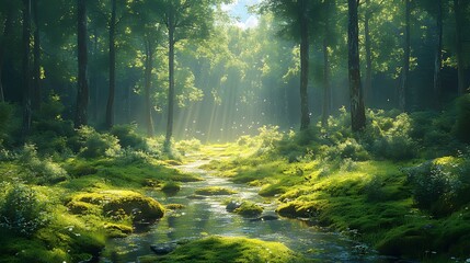Obraz premium Sunbeams illuminate a tranquil forest stream flowing through lush green moss and foliage.
