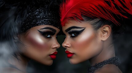 Naklejka premium A couple of women with red feathers on their heads