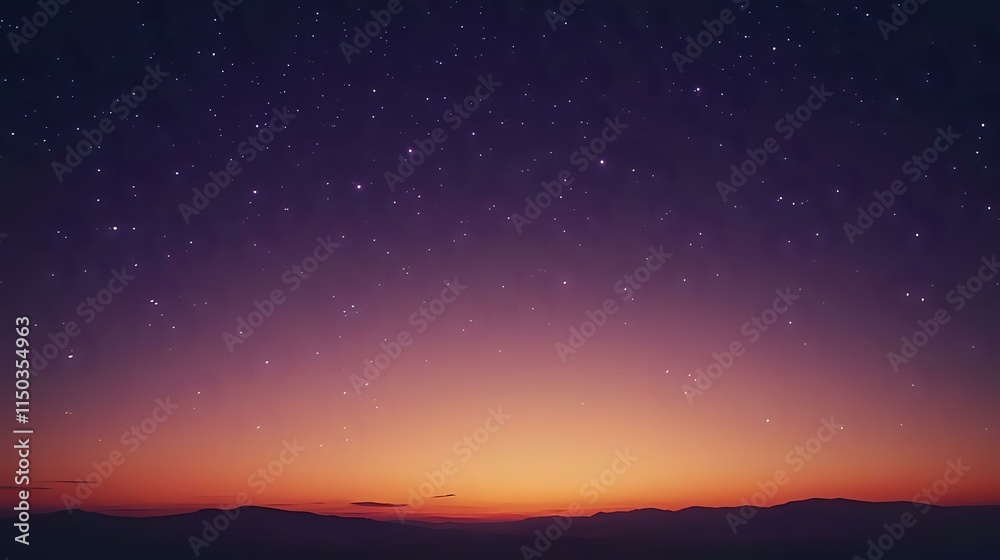 Wall mural abstract evening sky background with fading orange, purple twilight shades and twinkling stars creat