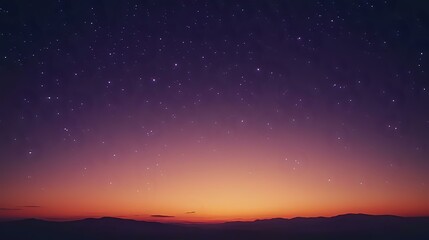 Fototapeta premium Abstract evening sky background with fading orange, purple twilight shades and twinkling stars creating a subtle bokeh glow