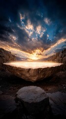 Naklejka premium A large rock in the middle of a desert under a cloudy sky