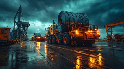 Industrial Scene with Heavy Machinery and Stormy Skies