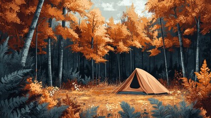 Cozy Tent Surrounded by Autumn Trees in Tranquil Woodland Setting