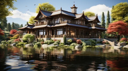 Naklejka premium Serene Asian Mansion by the Lake: A Digital Masterpiece