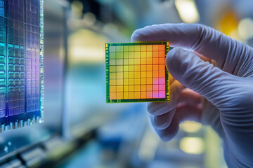 Close-up of researcher holding cutting-edge chip