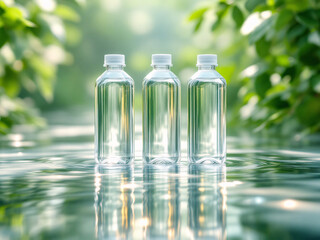 Plastic bottles with water on reflective surface with green background.