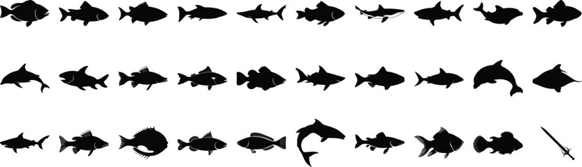 Detailed Fish Silhouette Collection for Unique Aquatic Logos and Professional Design Projects.