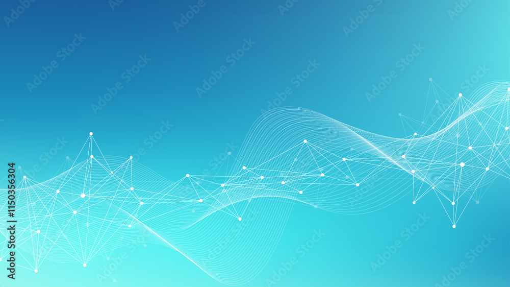 Poster Digits abstract background with connected line and dots, wave flow. Digital neural networks. Network and connection background for your presentation. Graphic polygonal background, illustration