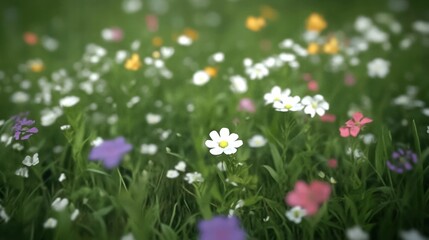 Obraz premium Colorful wildflowers blooming in a lush green meadow, creating a vibrant landscape.