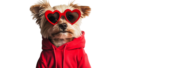 Cute dog in heart-shaped sunglasses and red hoodie posing.