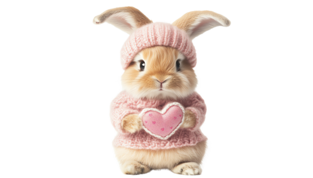 Cute rabbit wearing pink sweater holding a heart. Adorable and cozy animal portrait.