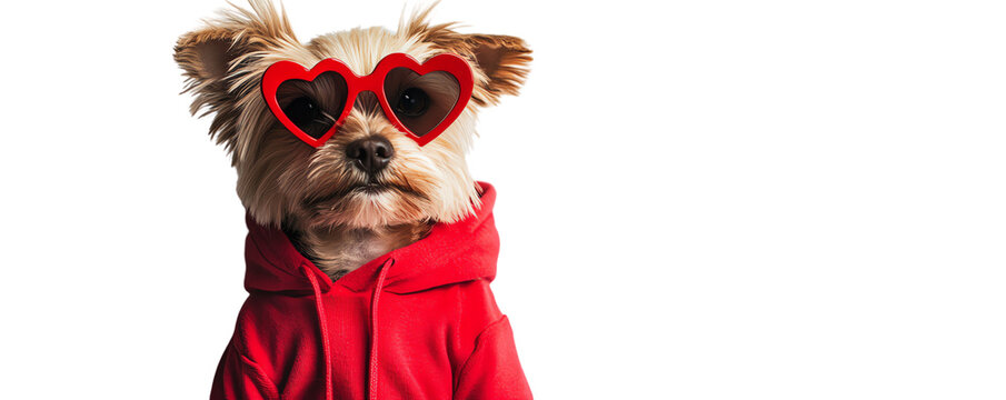 Cute dog in heart-shaped sunglasses and red hoodie posing.