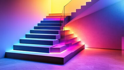 A modern staircase with colorful LED lights illuminating the steps,casting vibrant hues on a