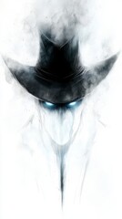 A drawing of a man in a black hat with blue eyes