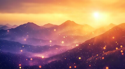 Abstract mountain sunset background with vivid orange and purple tones, scattered light specks and a radiant bokeh glow