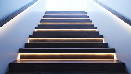 Fototapeta premium A modern staircase with embedded LED strip lights along the sides,casting a cool white
