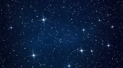 Abstract night sky background with sparkling silver constellations, deep navy tones and scattered light dots forming a bokeh-inspired pattern