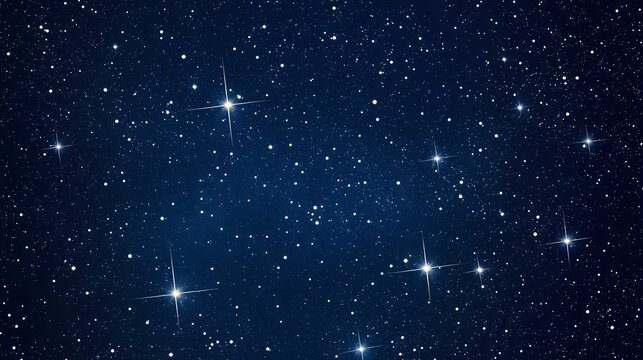 Abstract night sky background with sparkling silver constellations, deep navy tones and scattered light dots forming a bokeh-inspired pattern