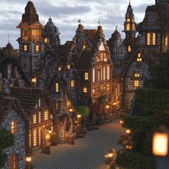 Fototapeta premium A small town with a lot of buildings and lanterns