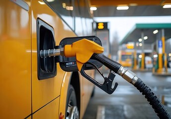 A yellow bus is being filled with gas at the station, with a close-up of the fuel tank and pump in the background.