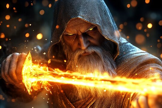 A wise dwarven blacksmith forging a glowing sword in a dimly lit workshop filled with sparks and molten metal