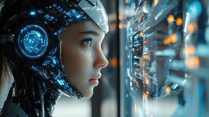 Futuristic young woman in cybernetic helmet interacting with digital interface