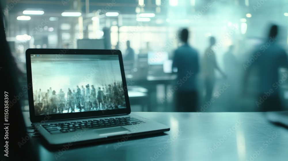Poster laptop displaying a busy digital interface in a crowded workspace with blurred figures in the backgr