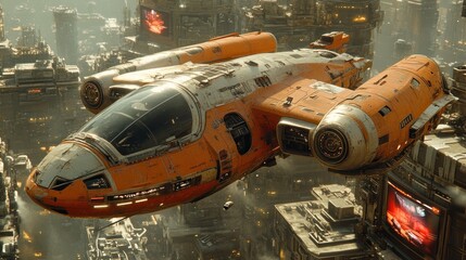 Naklejka premium A futuristic spacecraft soaring above a bustling cityscape.