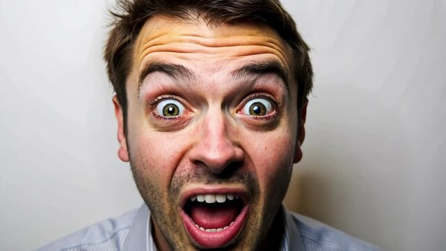Shocked and surprised man with expressive wide-open eyes and exaggerated facial expressions in a humorous setting. 4K video