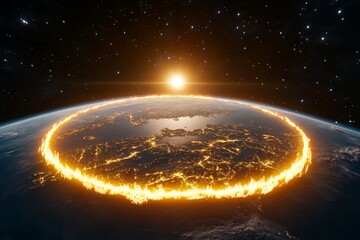 Earth floating in space, with a dramatic view of the sun rising over its edge and stars scattered across the background