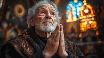 Obraz premium An elderly man praying in a church with hands together, expressing gratitude and faith