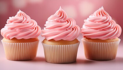 Generated image Delicate vanilla cupcakes topped with generous pink frosting swirls, set against a soft pastel background