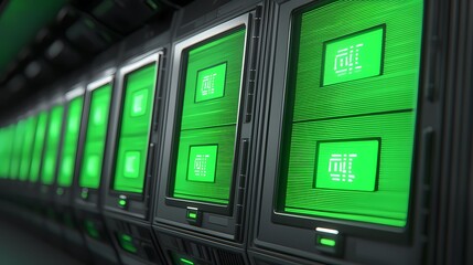A futuristic server room with rows of green-lit units, showcasing advanced technology and data processing capabilities.