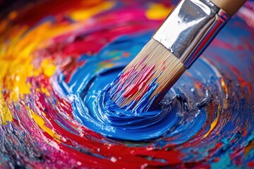 Fototapeta premium artist's paintbrush fully submerged in a vibrant paint can, swirling with the Colors of the different Years