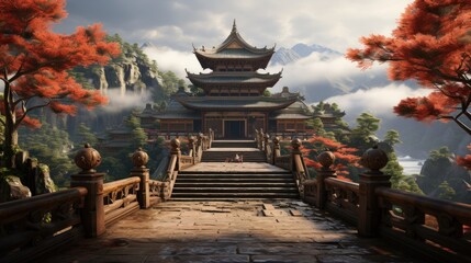 Fototapeta premium Serene Mountain Temple: A Digital Painting of an Asian Temple Nestled in Misty Mountains