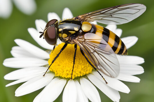 A close-up of a hoverfly on a daisy, with its striped body and delicate wings in sharp detail, realistic and vibrant - Powered by Adobe