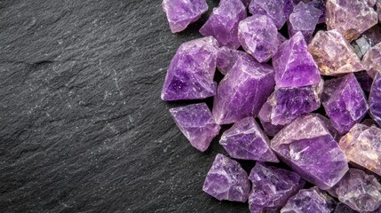 Fototapeta premium A pile of purple crystals on a black surface