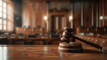 wooden court hammer, on a blurred background courtroom, symbol of public and legal justice, law and order, court decision
