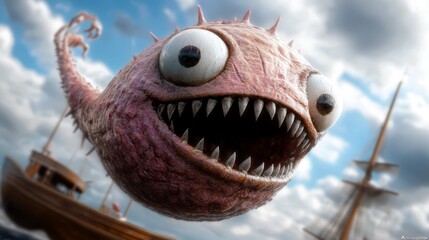 A close up of a monster with big eyes and sharp teeth