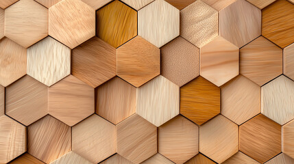 Natural Beige Wooden Hexagon Wall Block Texture Panoramic Image